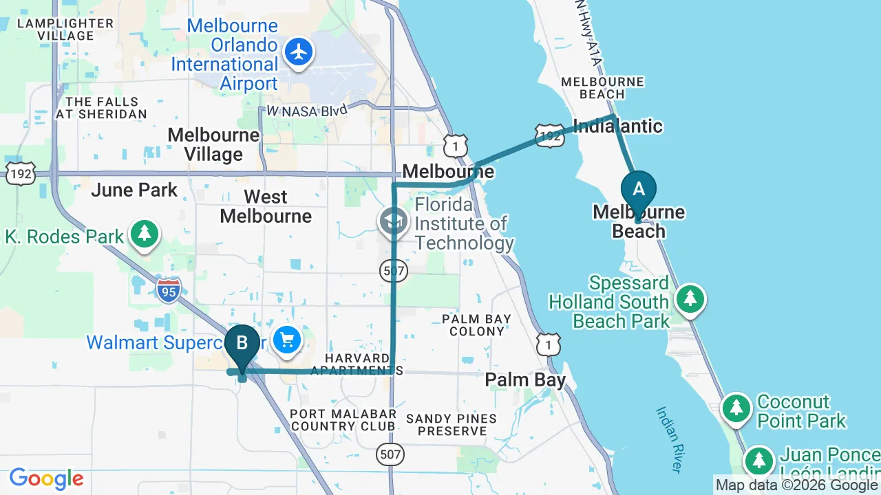 Driving directions map from Melbourne Beach, FL to Melbourne Chiropractic Spine & Injury Center in Palm Bay