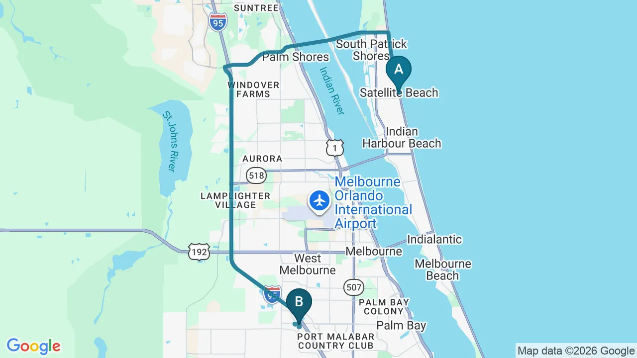 Driving directions map from Satellite Beach, FL to Melbourne Chiropractic Spine & Injury Center in Palm Bay