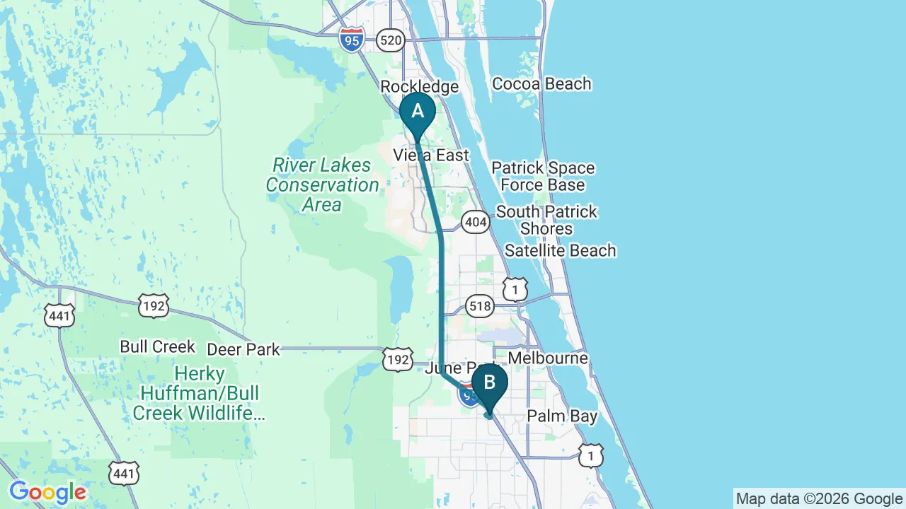 Driving directions map from Viera, FL to Melbourne Chiropractic Spine & Injury Center in Palm Bay