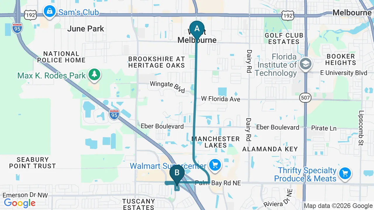Driving directions map from West Melbourne, FL to Melbourne Chiropractic Spine & Injury Center in Palm Bay
